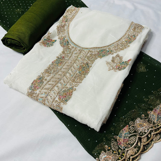 White & Green Fancy Diamond Crush Salwar Suit with Heavy Zarkan & Border Work Dupatta