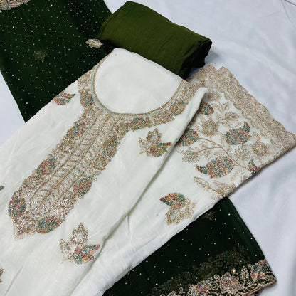 White & Green Fancy Diamond Crush Salwar Suit with Heavy Zarkan & Border Work Dupatta
