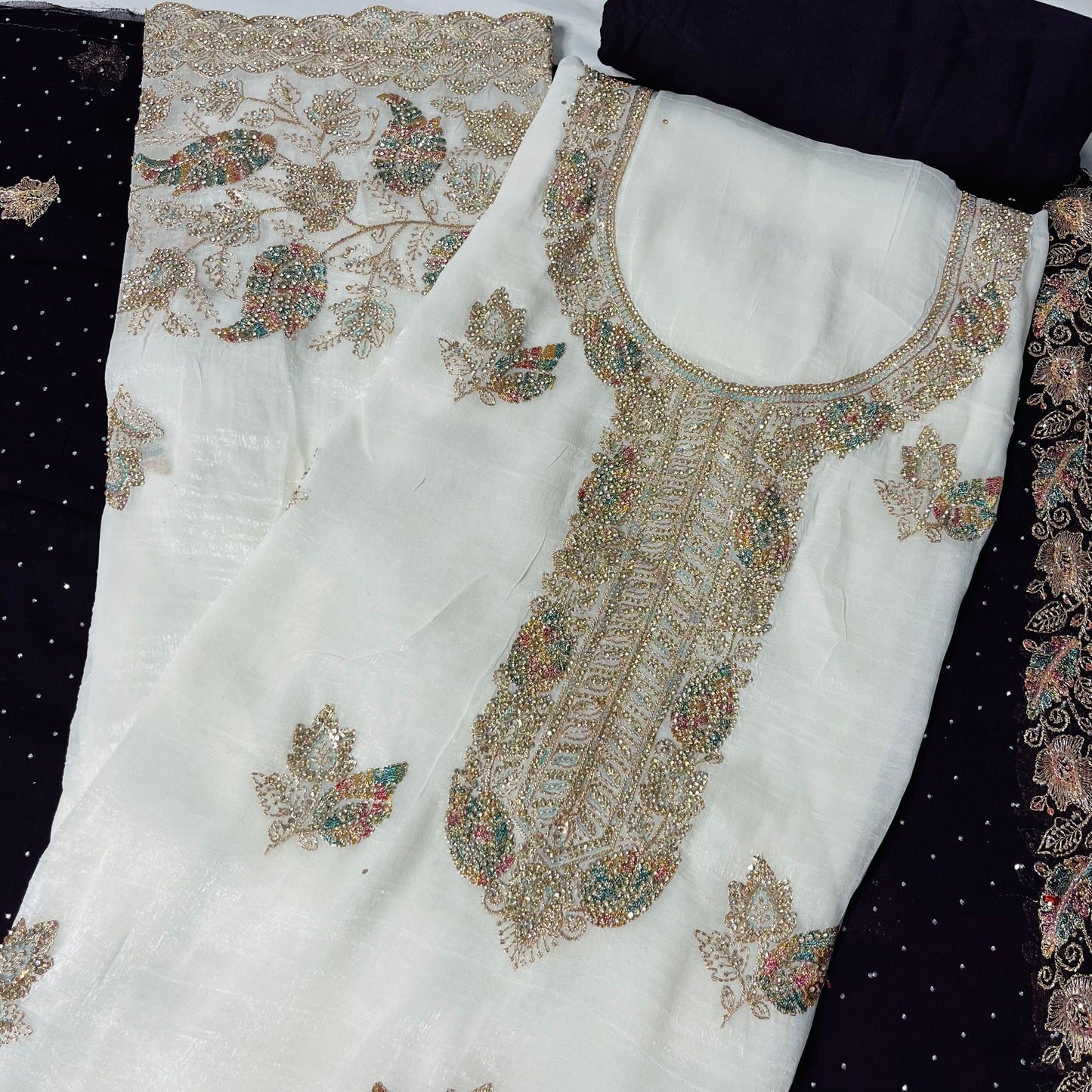 White & purple Fancy Diamond Crush Salwar Suit with Heavy Zarkan & Border Work Dupatta