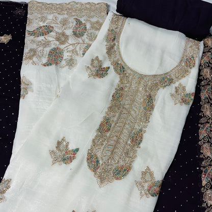 White & purple Fancy Diamond Crush Salwar Suit with Heavy Zarkan & Border Work Dupatta