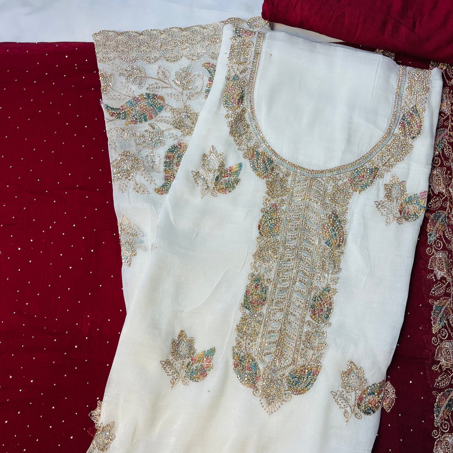 White & Red Fancy Diamond Crush Salwar Suit with Heavy Zarkan & Border Work Dupatta