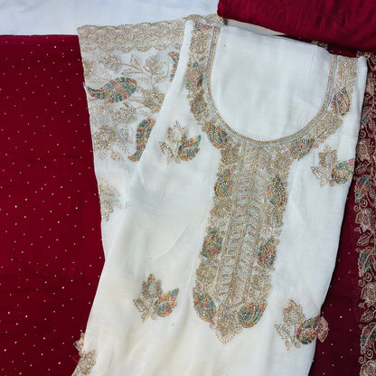 White & Red Fancy Diamond Crush Salwar Suit with Heavy Zarkan & Border Work Dupatta