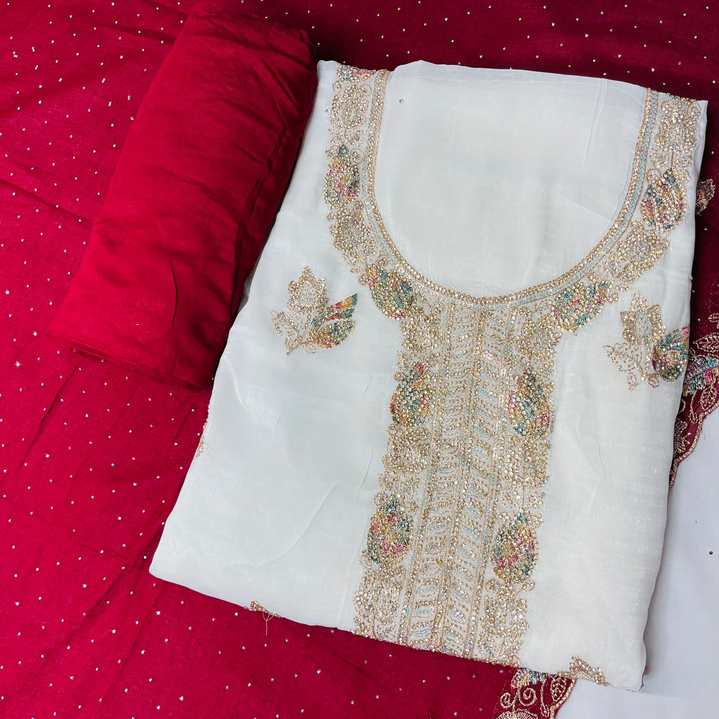 White & Red Fancy Diamond Crush Salwar Suit with Heavy Zarkan & Border Work Dupatta