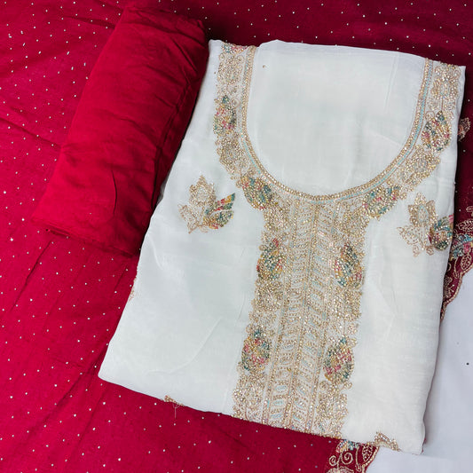 White & Red Fancy Diamond Crush Salwar Suit with Heavy Zarkan & Border Work Dupatta