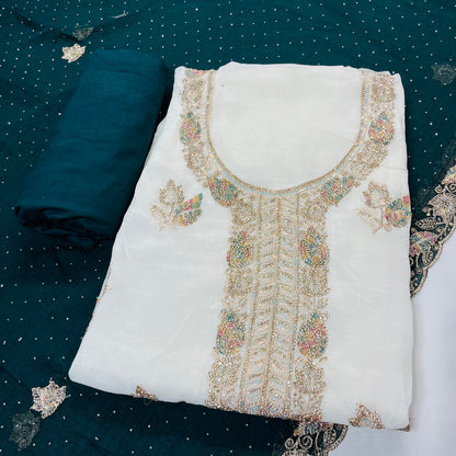White & blue Fancy Diamond Crush Salwar Suit with Heavy Zarkan & Border Work Dupatta