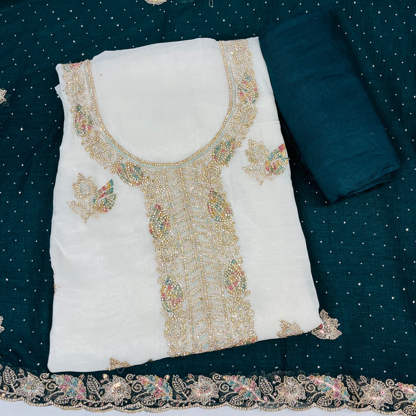 White & blue Fancy Diamond Crush Salwar Suit with Heavy Zarkan & Border Work Dupatta