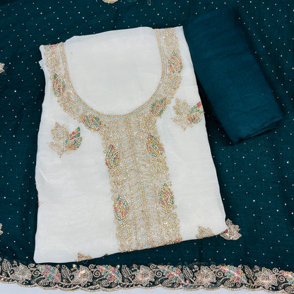White & blue Fancy Diamond Crush Salwar Suit with Heavy Zarkan & Border Work Dupatta
