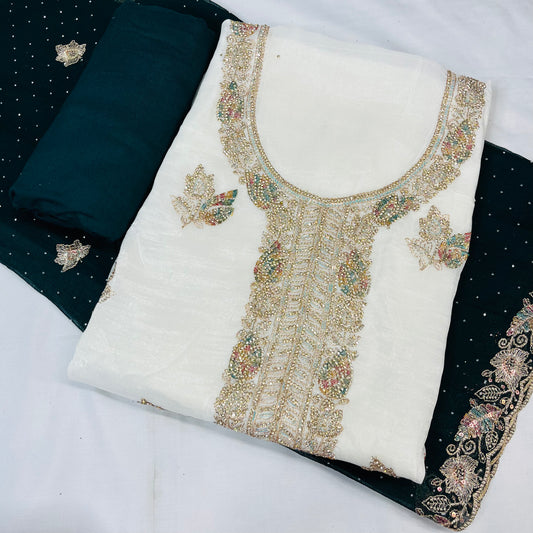 White & blue Fancy Diamond Crush Salwar Suit with Heavy Zarkan & Border Work Dupatta