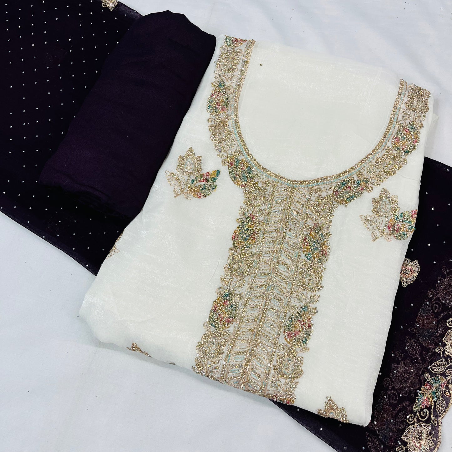 White & purple Fancy Diamond Crush Salwar Suit with Heavy Zarkan & Border Work Dupatta
