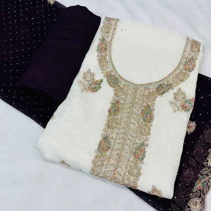 White & purple Fancy Diamond Crush Salwar Suit with Heavy Zarkan & Border Work Dupatta