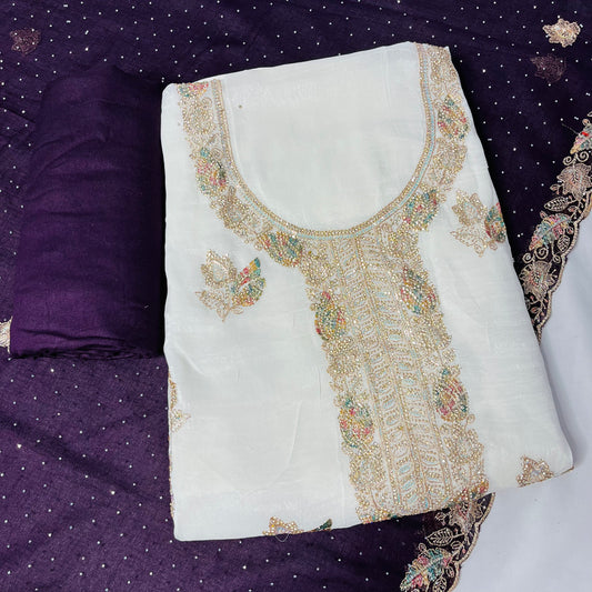 White & purple Fancy Diamond Crush Salwar Suit with Heavy Zarkan & Border Work Dupatta