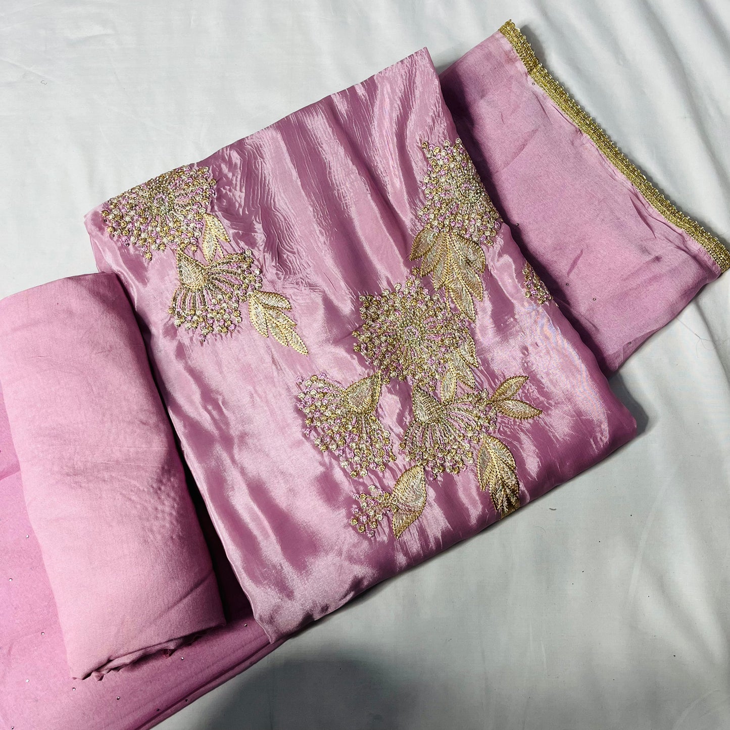 Dusty Pink Organza Suit | Handwork & Diamond Dupatta