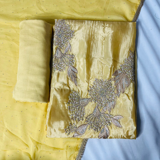 Yellow Organza Suit | Handwork & Diamond Dupatta