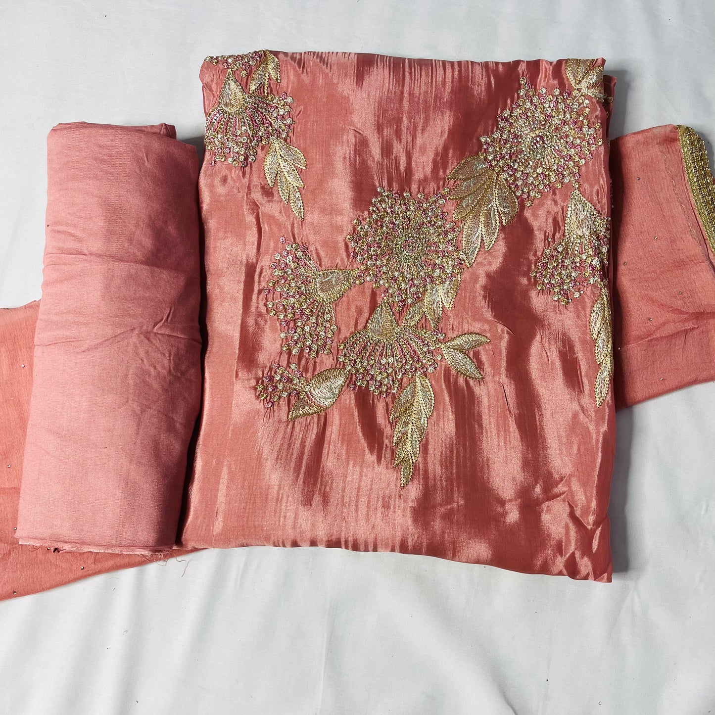 Dark Peach Organza Suit | Handwork & Diamond Dupatta