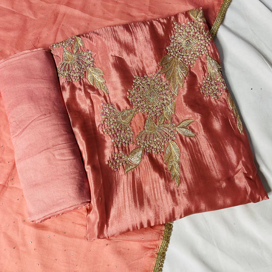 Dark Peach Organza Suit | Handwork & Diamond Dupatta