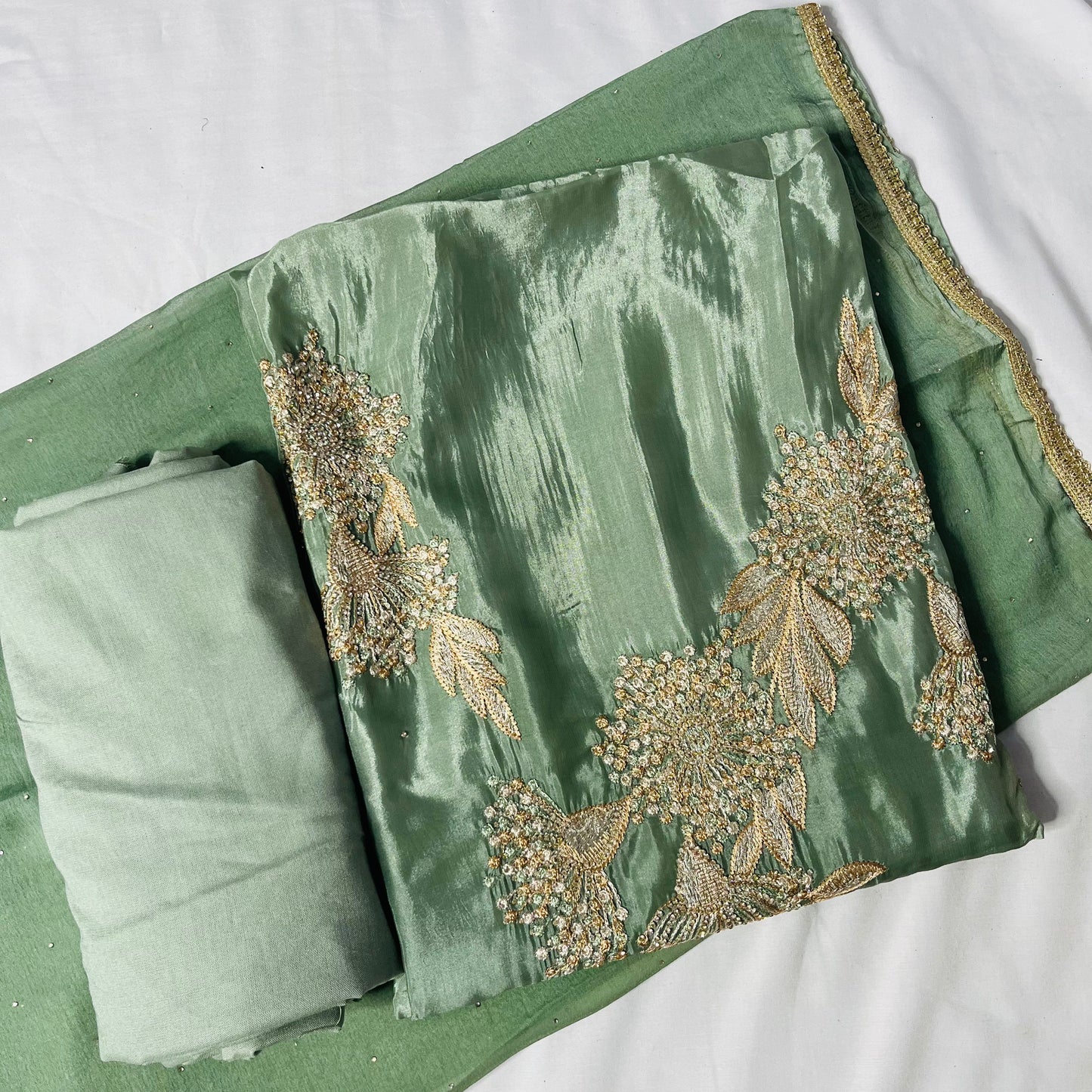 Soft Pastel Green Organza Suit | Handwork & Diamond Dupatta
