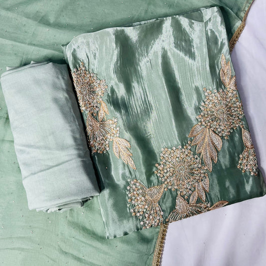 Soft Pastel Green Organza Suit | Handwork & Diamond Dupatta