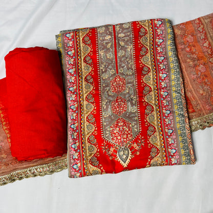 Cotton Pure Red Suit Set with Pure Dupatta & Bottom