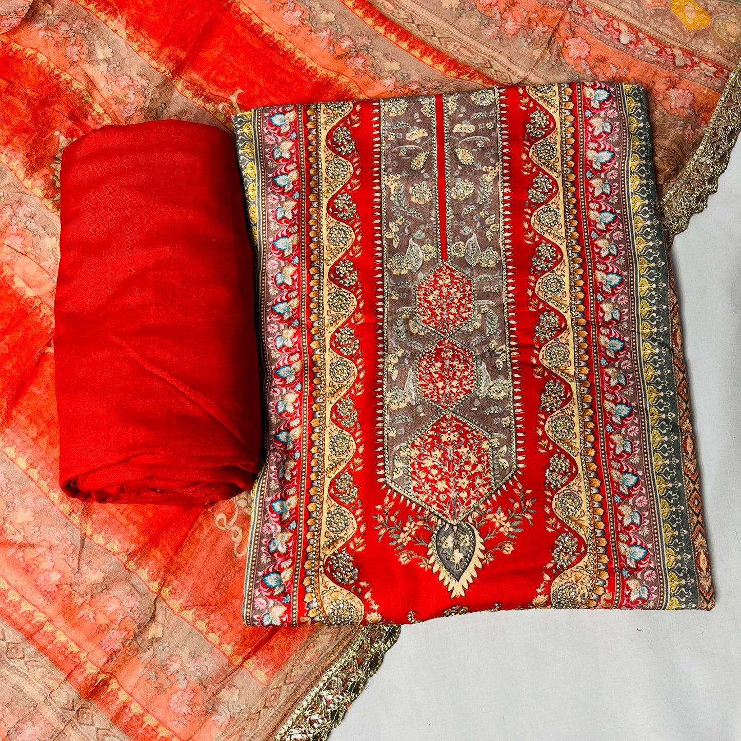 Cotton Pure Red Suit Set with Pure Dupatta & Bottom