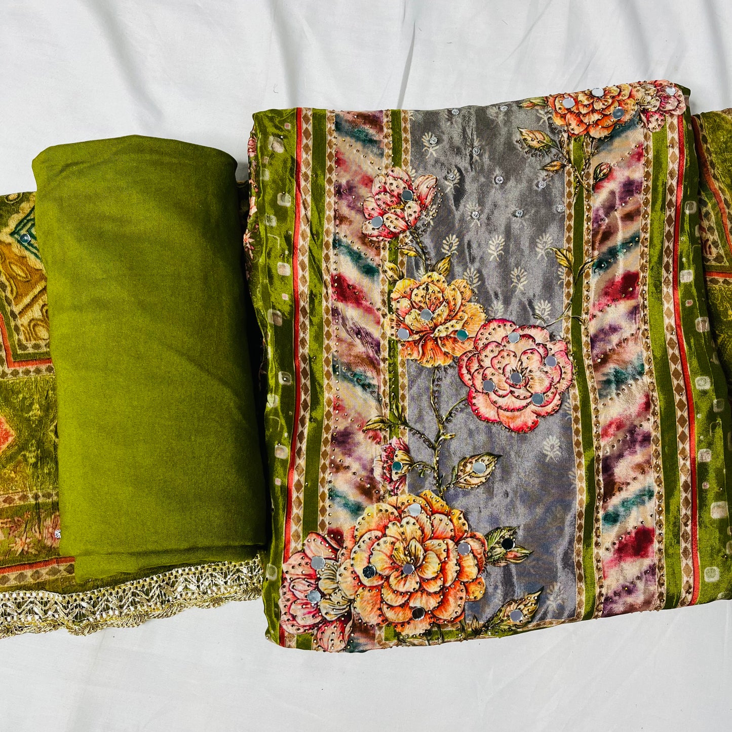 Olive Green Pure Natural Crepe Suit with Pure Dupatta & Bottom