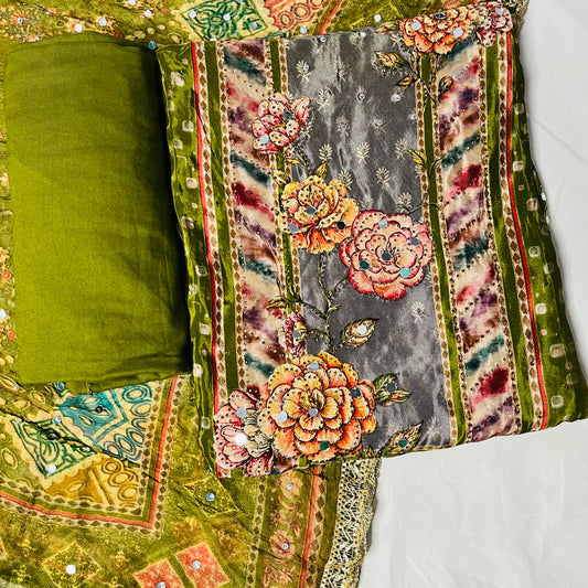 Olive Green Pure Natural Crepe Suit with Pure Dupatta & Bottom