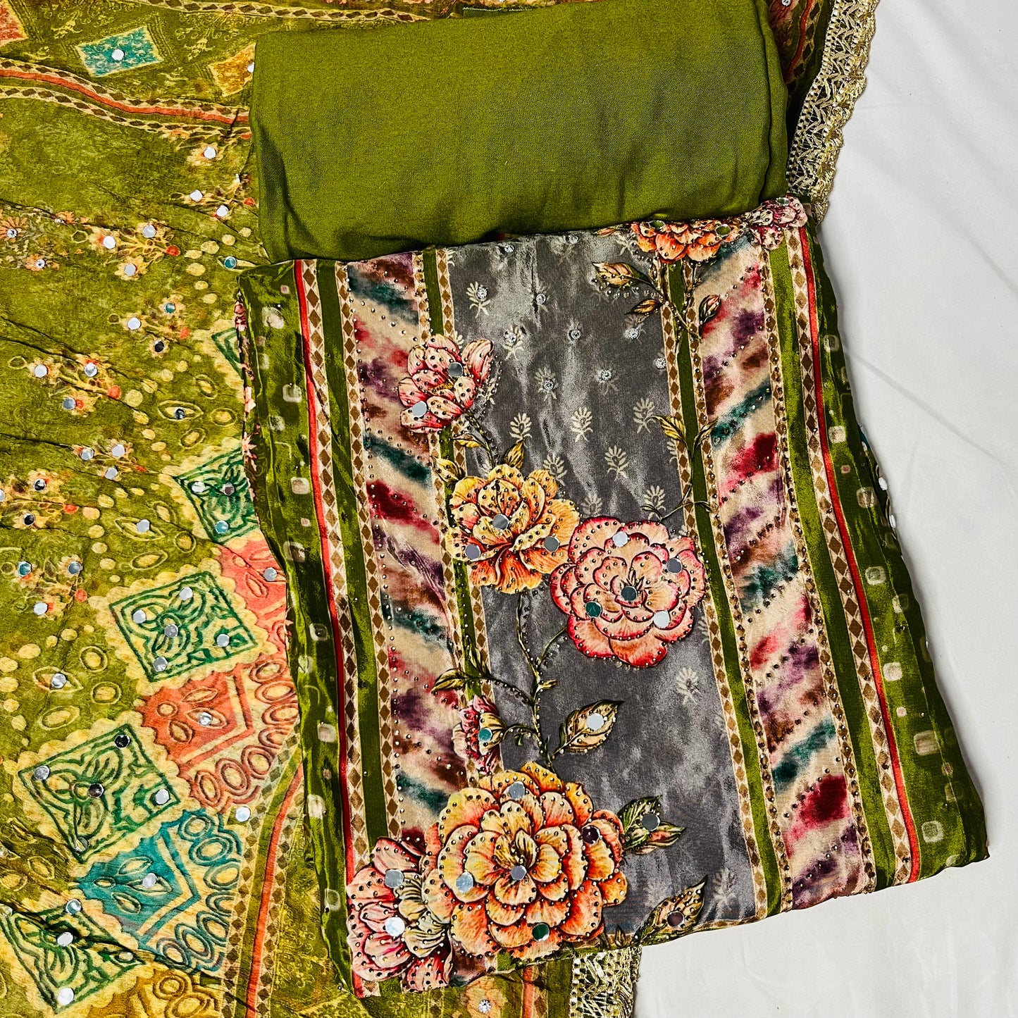 Olive Green Pure Natural Crepe Suit with Pure Dupatta & Bottom