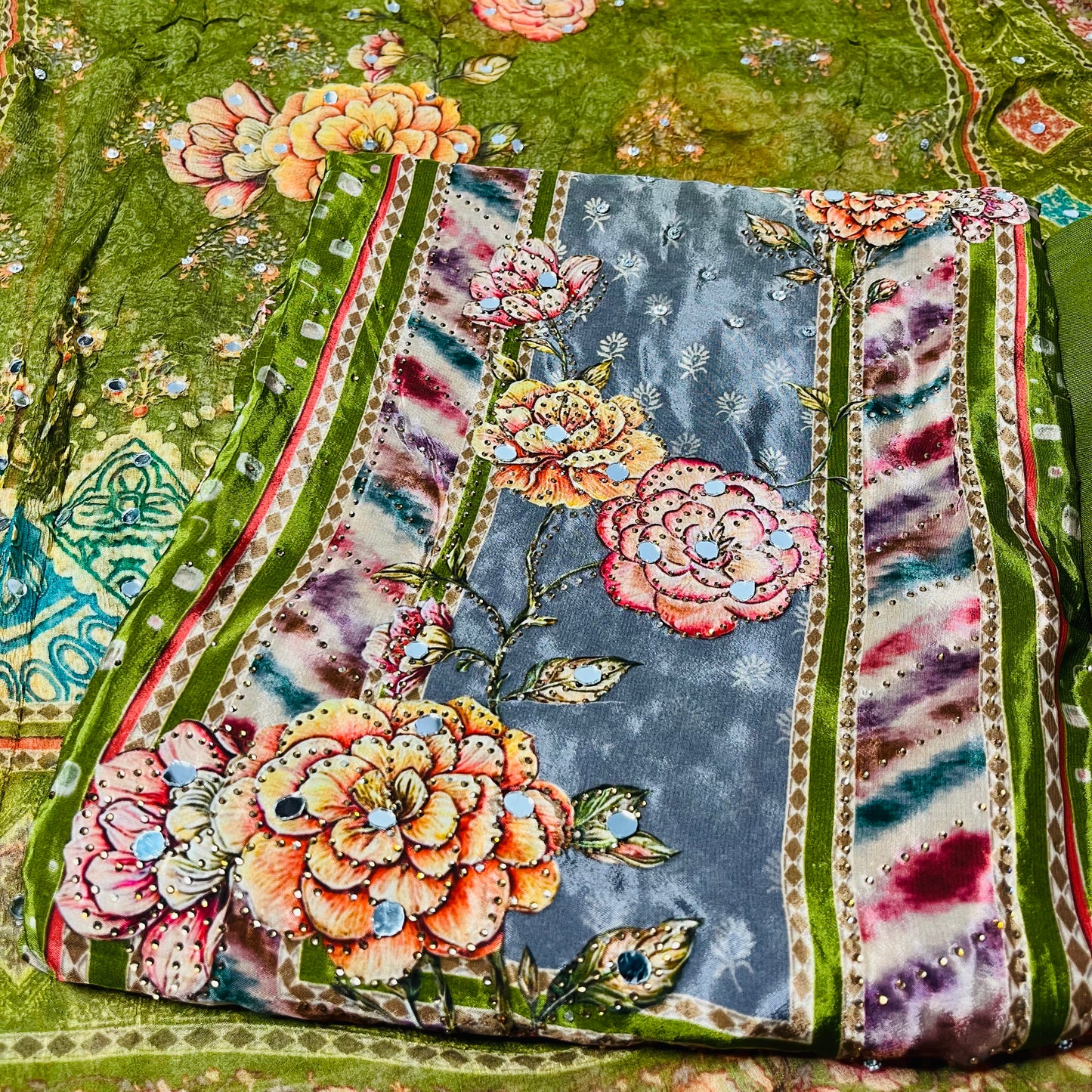 Olive Green Pure Natural Crepe Suit with Pure Dupatta & Bottom