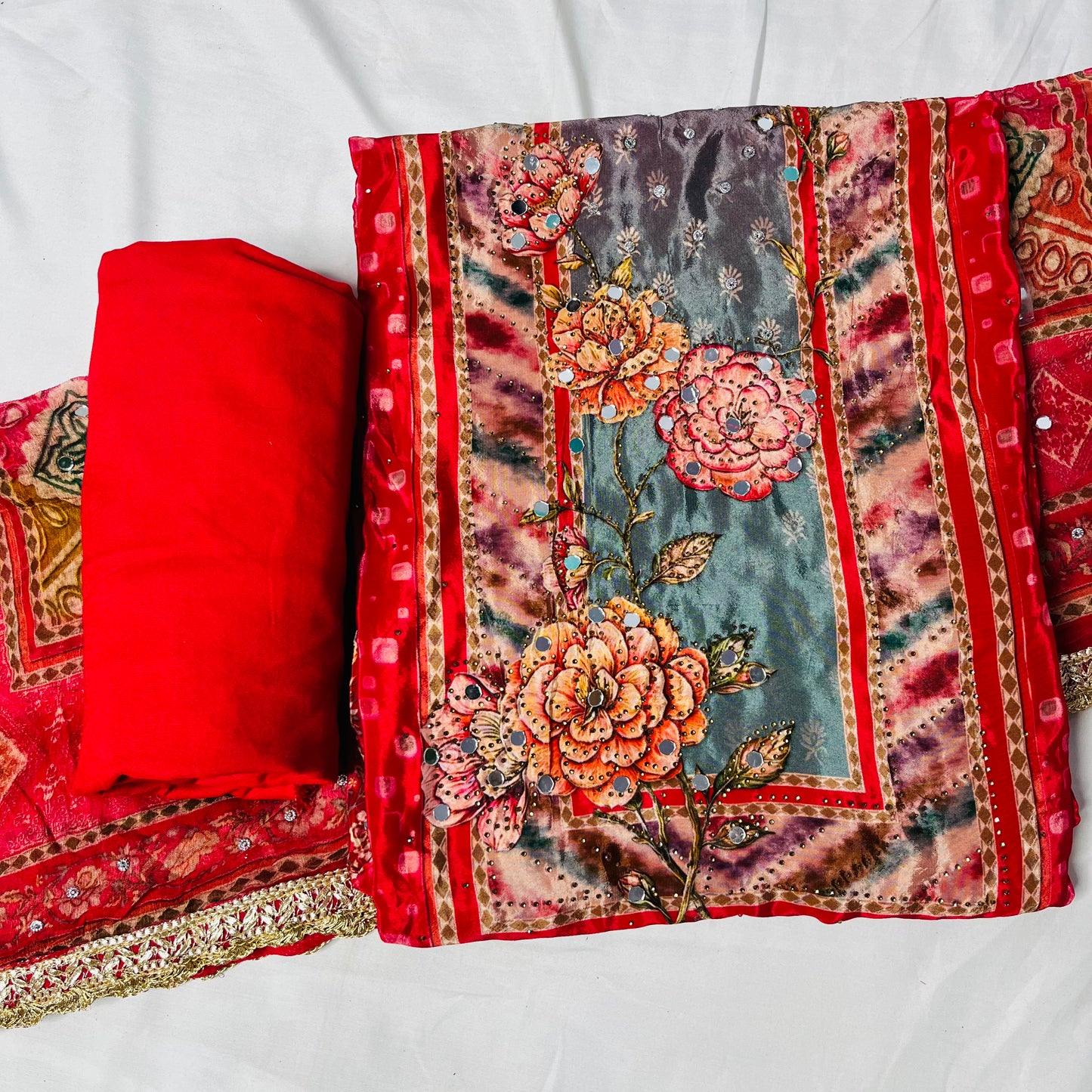 Red Floral Pure Crepe Suit with Embellished Dupatta & Plain Bottom