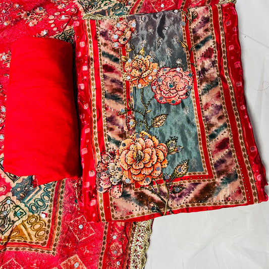 Red Floral Pure Crepe Suit with Embellished Dupatta & Plain Bottom