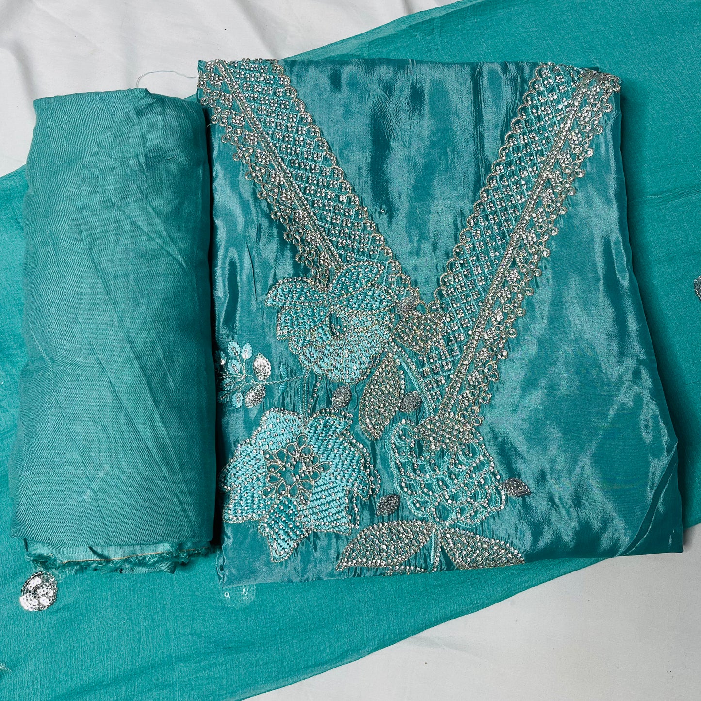 Aqua Blue Organza Suit – Zarkan & Designer Baju