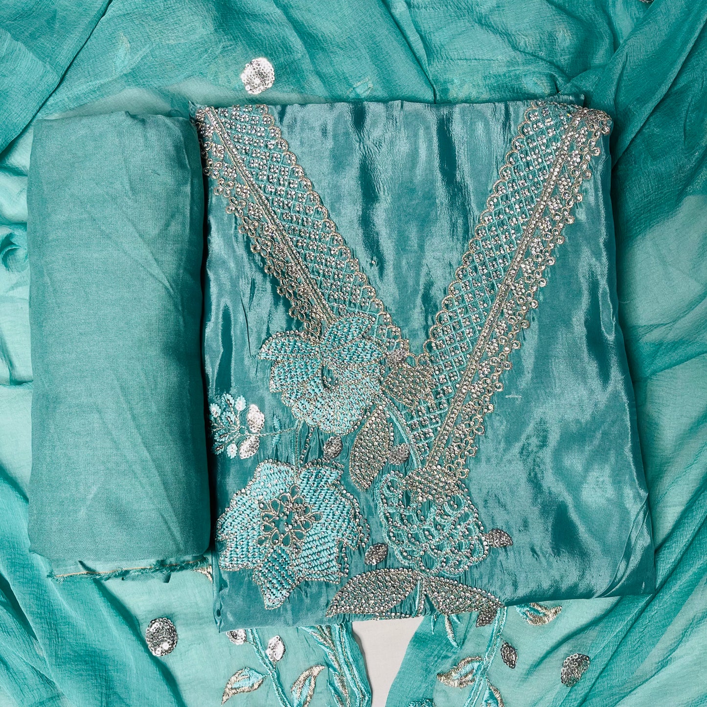 Aqua Blue Organza Suit – Zarkan & Designer Baju