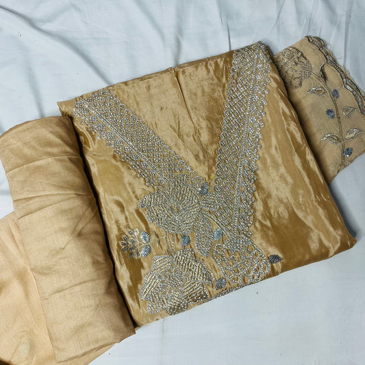 Golden Beige Organza Suit – Zarkan & Rich Border Dupatta