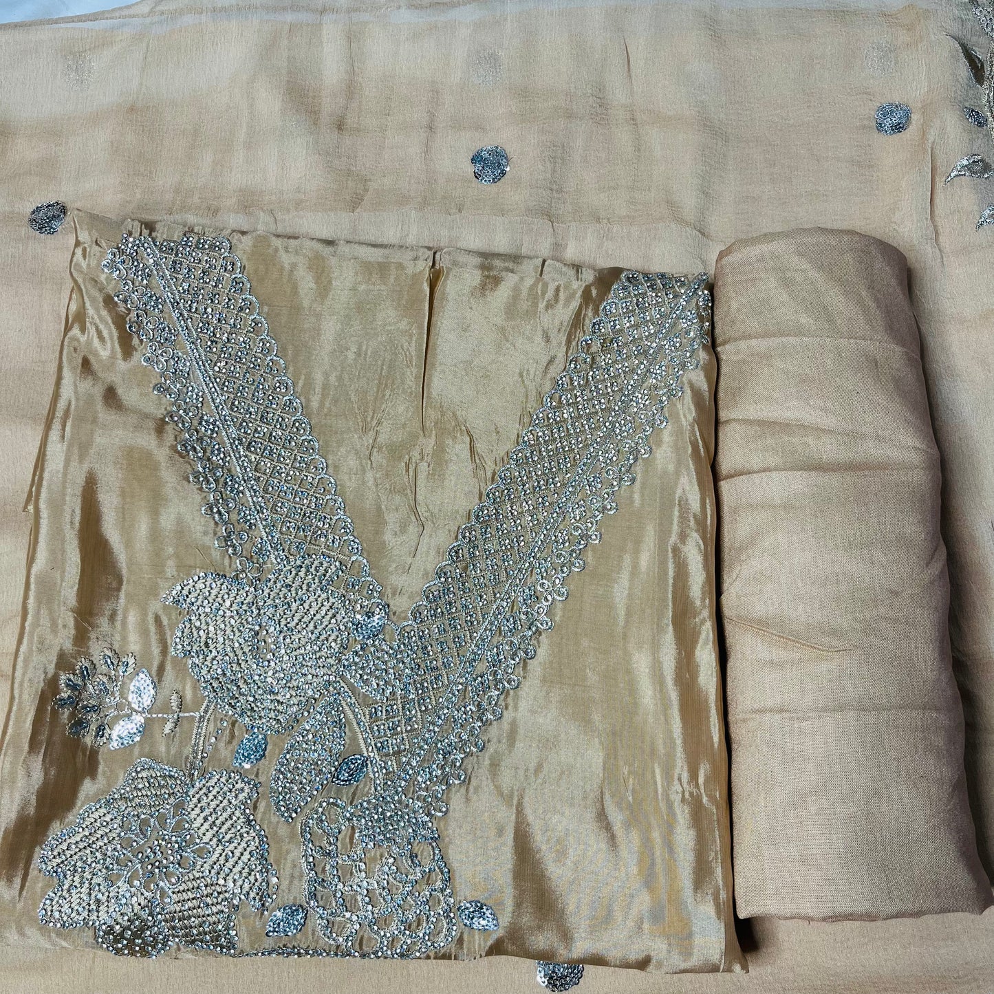 Golden Beige Organza Suit – Zarkan & Rich Border Dupatta